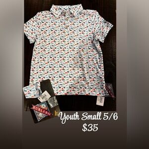 BURLEBO Kids Shark Pattern Polo - White, Blue, and Red